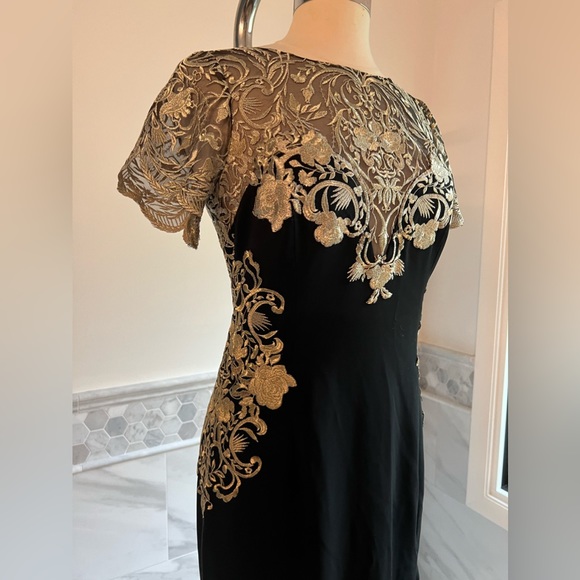 Marchesa Notte Mermaid Black Stretch Crepe and Gold Lace Embroidered Ball Gown 8 - Picture 5 of 16